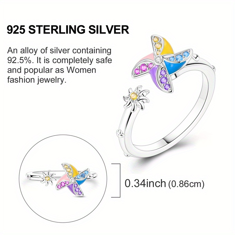 Pure Silver 925 Rotating Windmill Ring Inlaid Zirconia